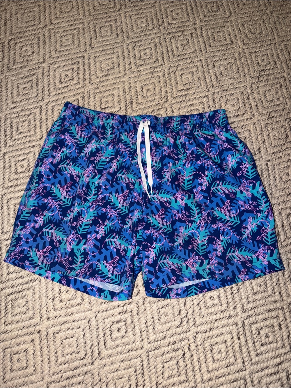 chubbies Blue Swim Shorts with Teal & Purple Leaf Print